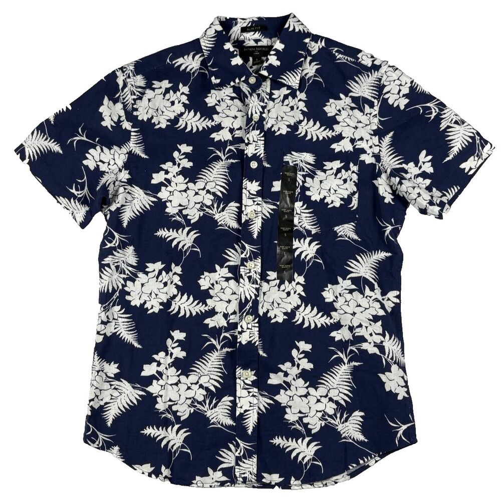 Banana Republic Hawaiian Shirt Mens S Blue White Floral Linen Button Up Slim